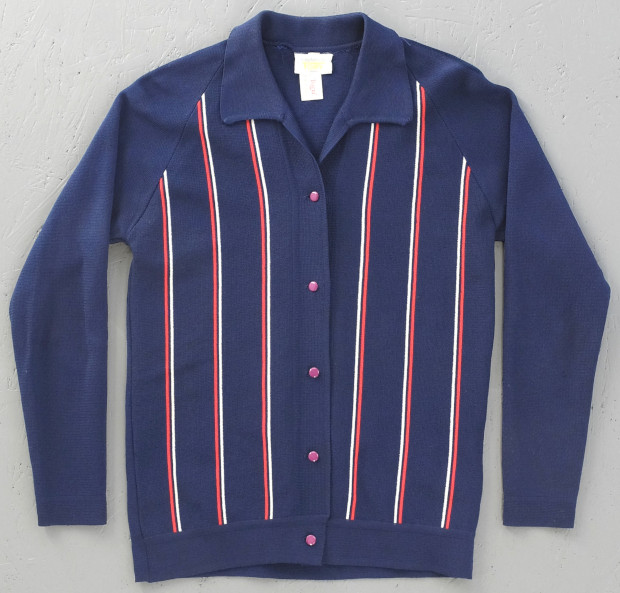 1960s Navy + Red Pinstripe Buttoned Polyester Cardigan 