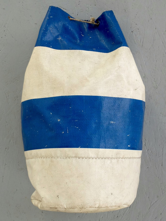 1960s Blue + White Rubberised Nautical Duffel Bag (08004)
